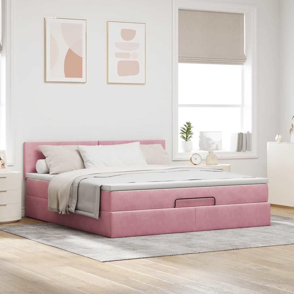 Cadre de lit ottoman avec matelas rose 160x200 cm velours - XIOS