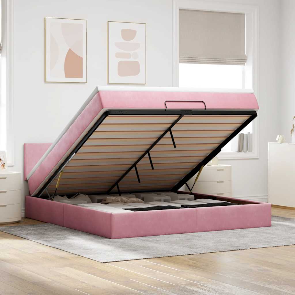 Cadre de lit ottoman avec matelas rose 160x200 cm velours - XIOS