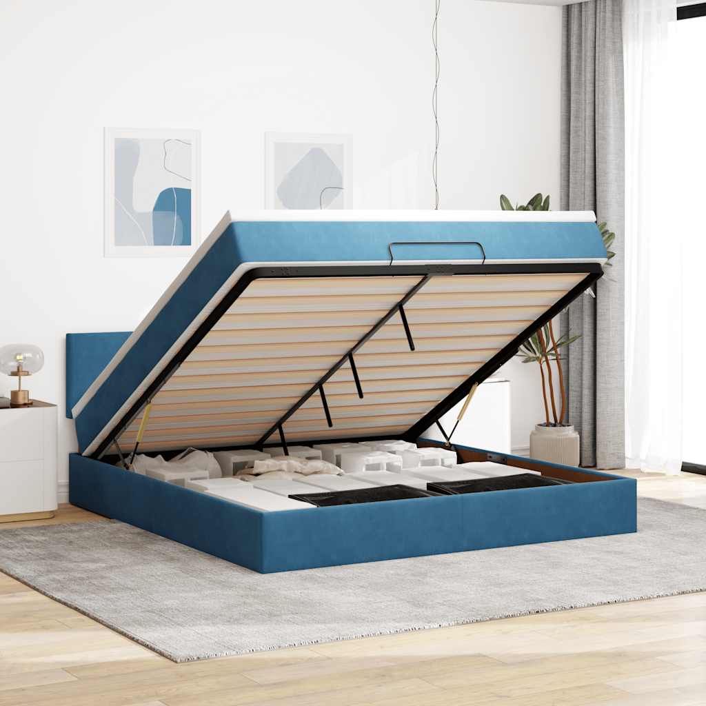 Cadre de lit ottoman avec matelas bleu foncé 180x200 cm velours - XIOS