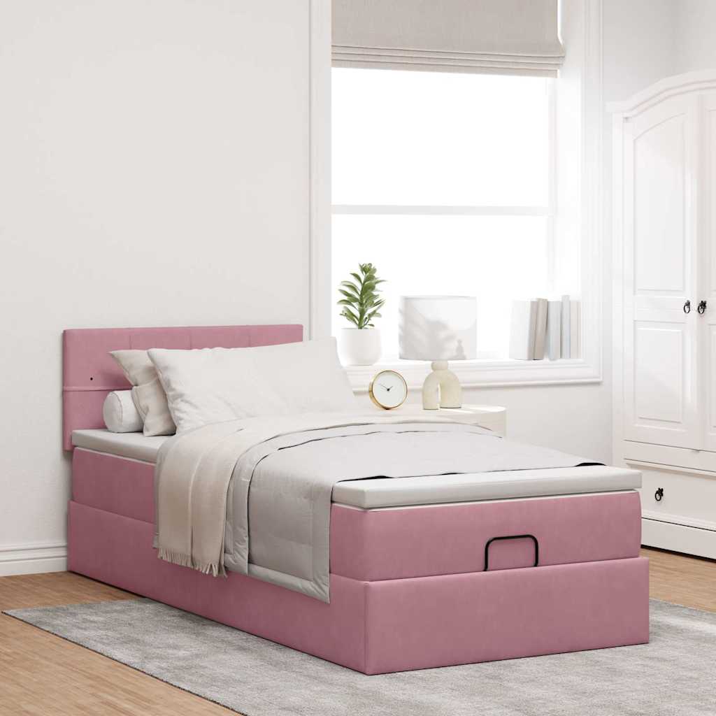 Cadre de lit ottoman avec matelas rose 80x200 cm velours - XIOS