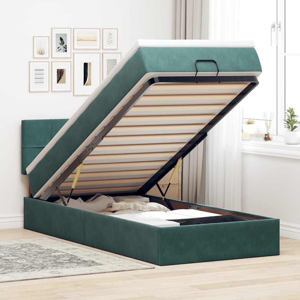 Cadre de lit ottoman avec matelas vert foncé 90x200 cm velours - XIOS