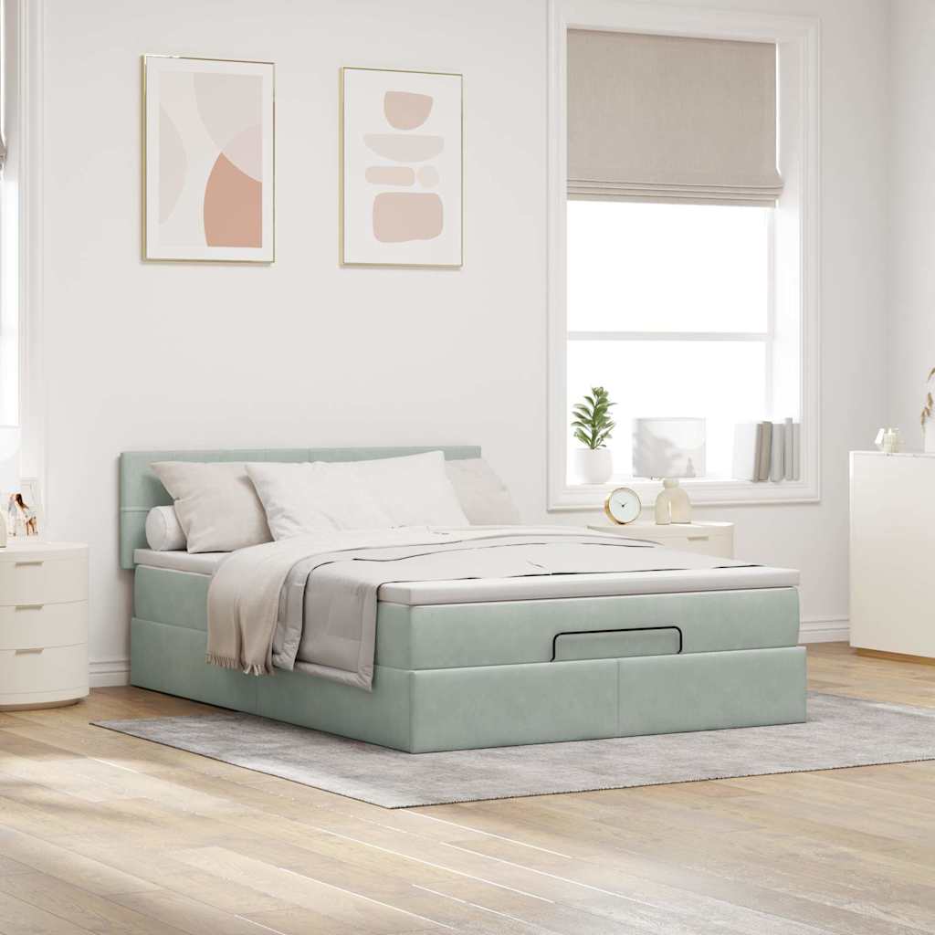 Cadre de lit ottoman et matelas gris clair 140x190 velours - XIOS