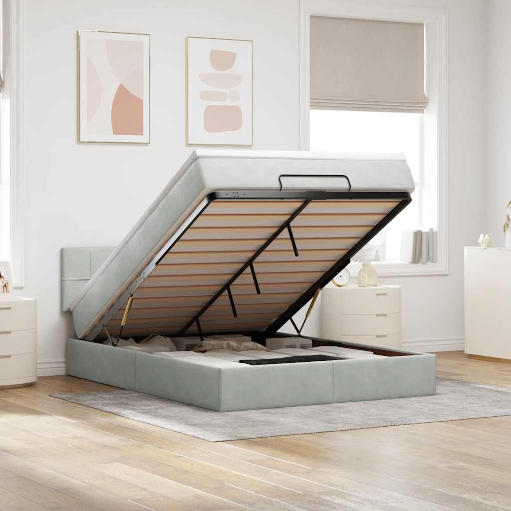 Cadre de lit ottoman et matelas gris clair 140x190 velours - XIOS