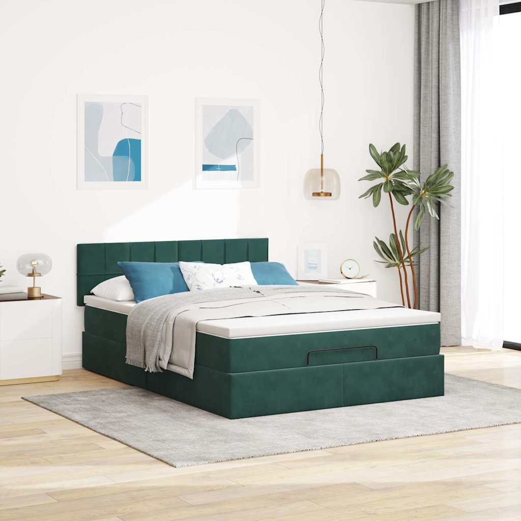 Cadre de lit ottoman avec matelas vert foncé 140x190 cm velours - XIOS