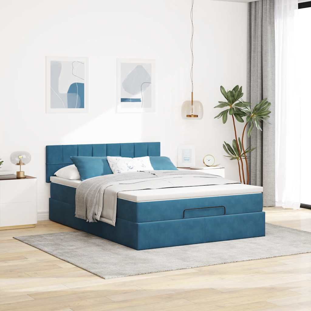 Cadre de lit ottoman avec matelas bleu foncé 140x200 cm velours - XIOS