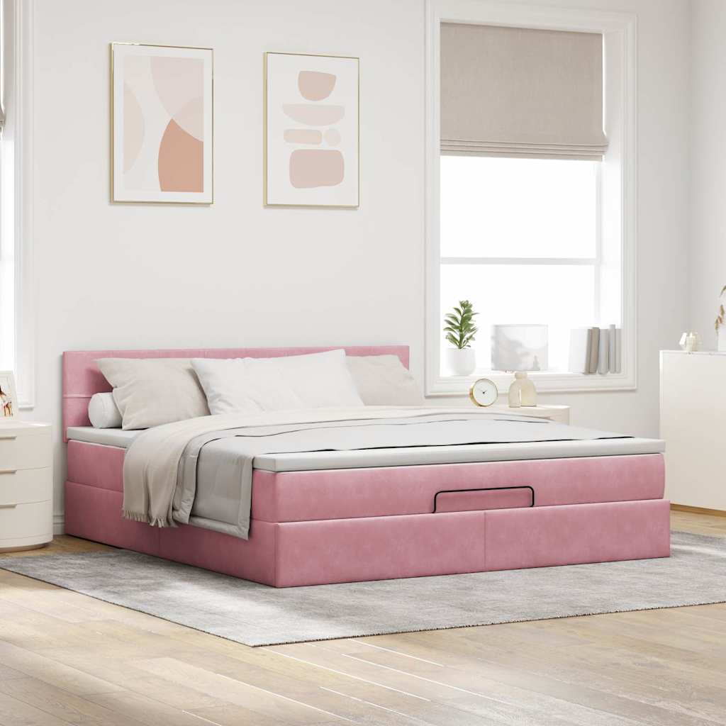 Cadre de lit ottoman avec matelas rose 160x200 cm velours - XIOS