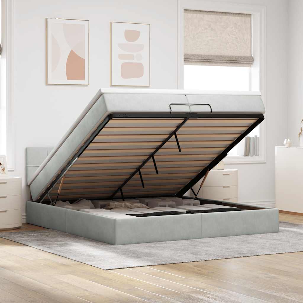 Cadre de lit ottoman avec matelas gris clair 200x200 cm velours - XIOS
