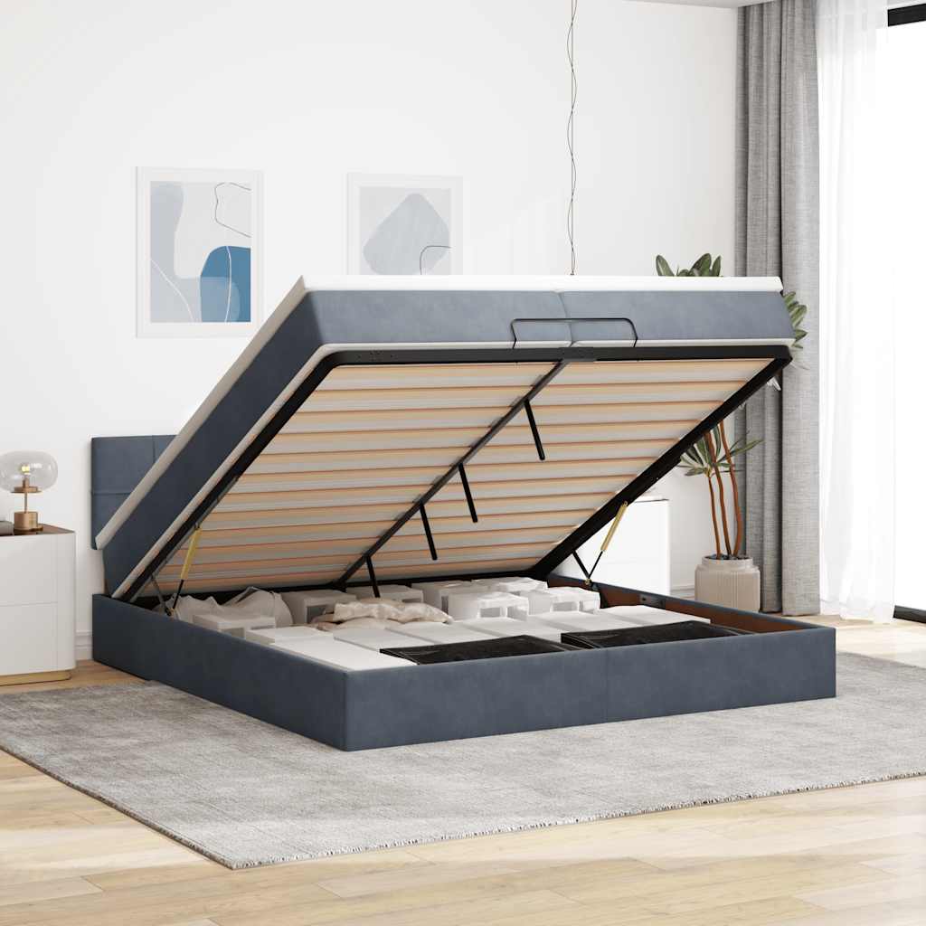 Cadre de lit ottoman avec matelas gris foncé 200x200 cm velours - XIOS