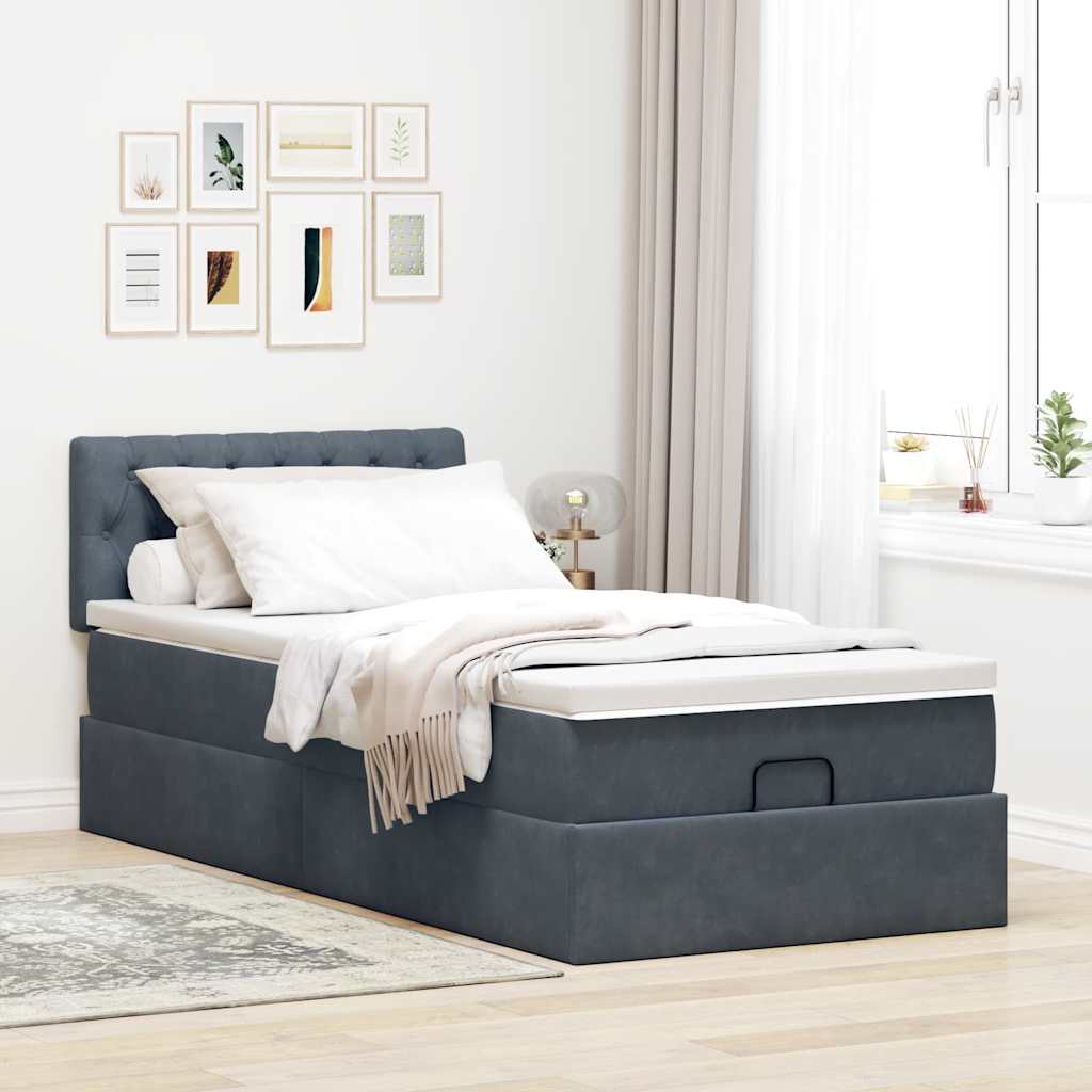 Cadre de lit ottoman avec matelas gris foncé 100x200 cm velours - XIOS