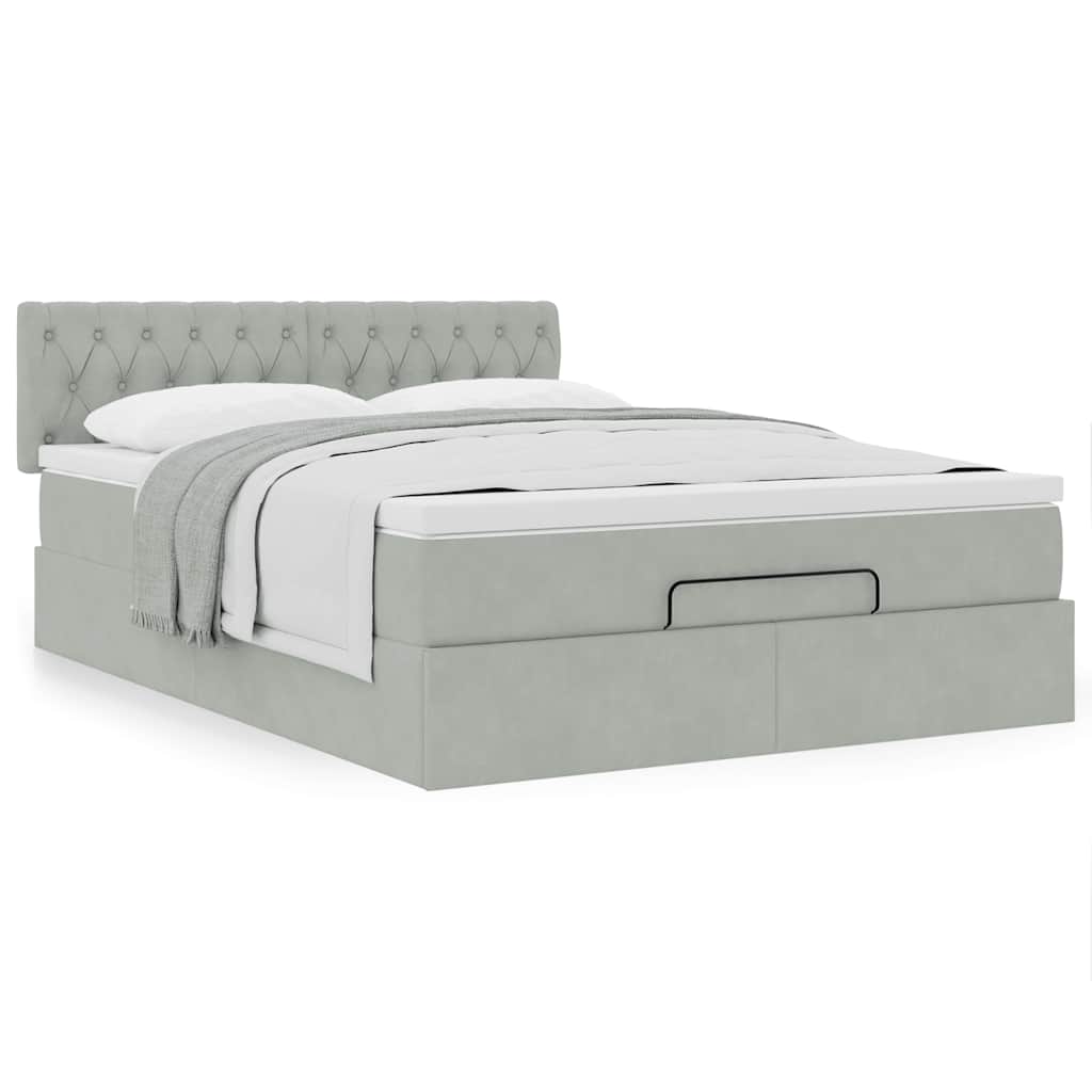 Cadre de lit ottoman et matelas gris clair 140x190 velours - XIOS