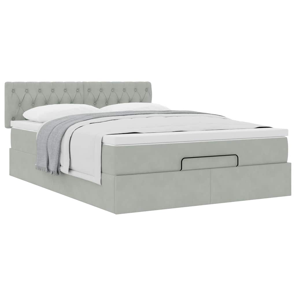 Cadre de lit ottoman et matelas gris clair 140x190 velours - XIOS