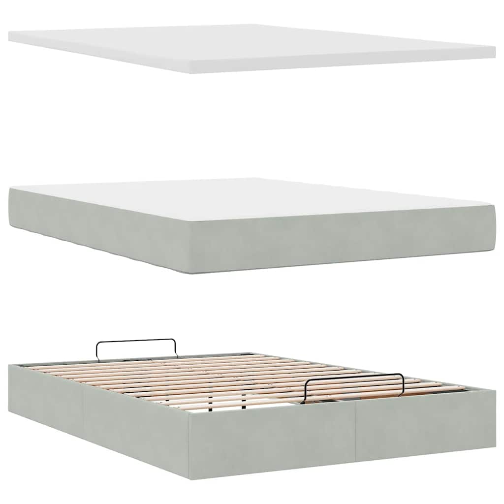 Cadre de lit ottoman et matelas gris clair 140x190 velours - XIOS