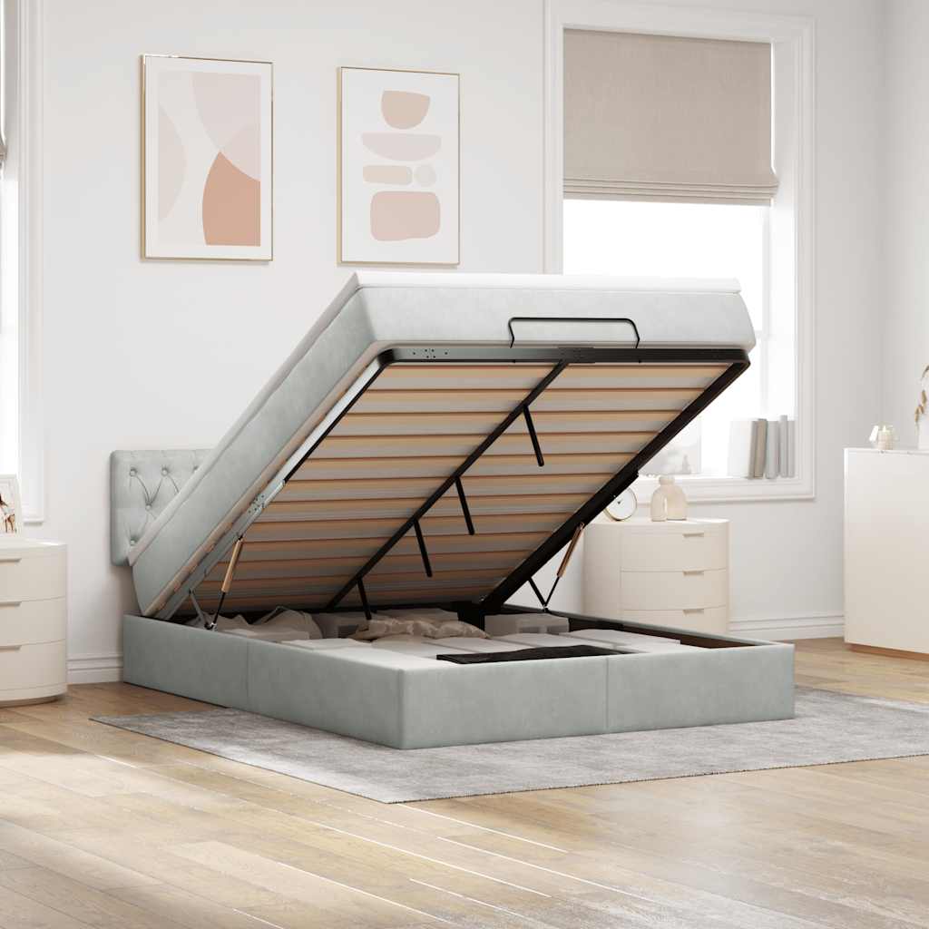 Cadre de lit ottoman et matelas gris clair 140x190 velours - XIOS