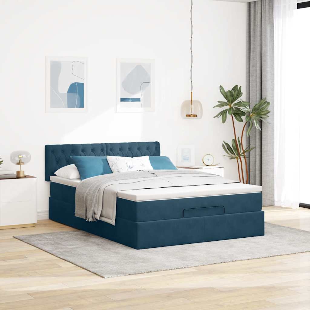 Cadre de lit ottoman avec matelas bleu foncé 140x190 cm velours - XIOS