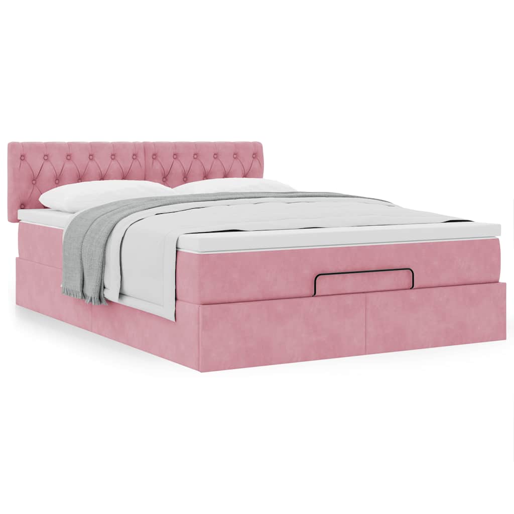 Cadre de lit ottoman avec matelas rose 140x190 cm velours - XIOS