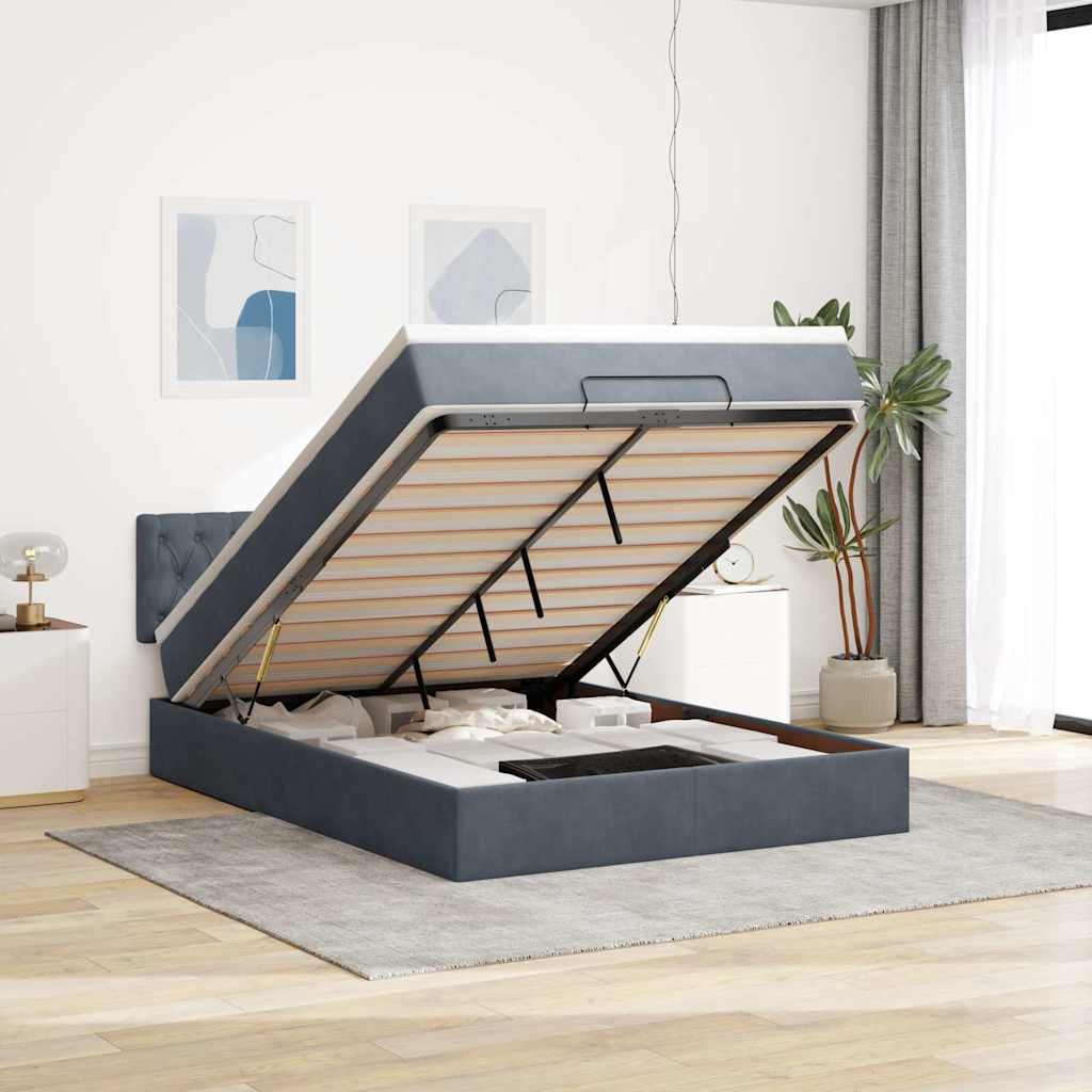 Cadre de lit ottoman avec matelas gris foncé 140x200 cm velours - XIOS