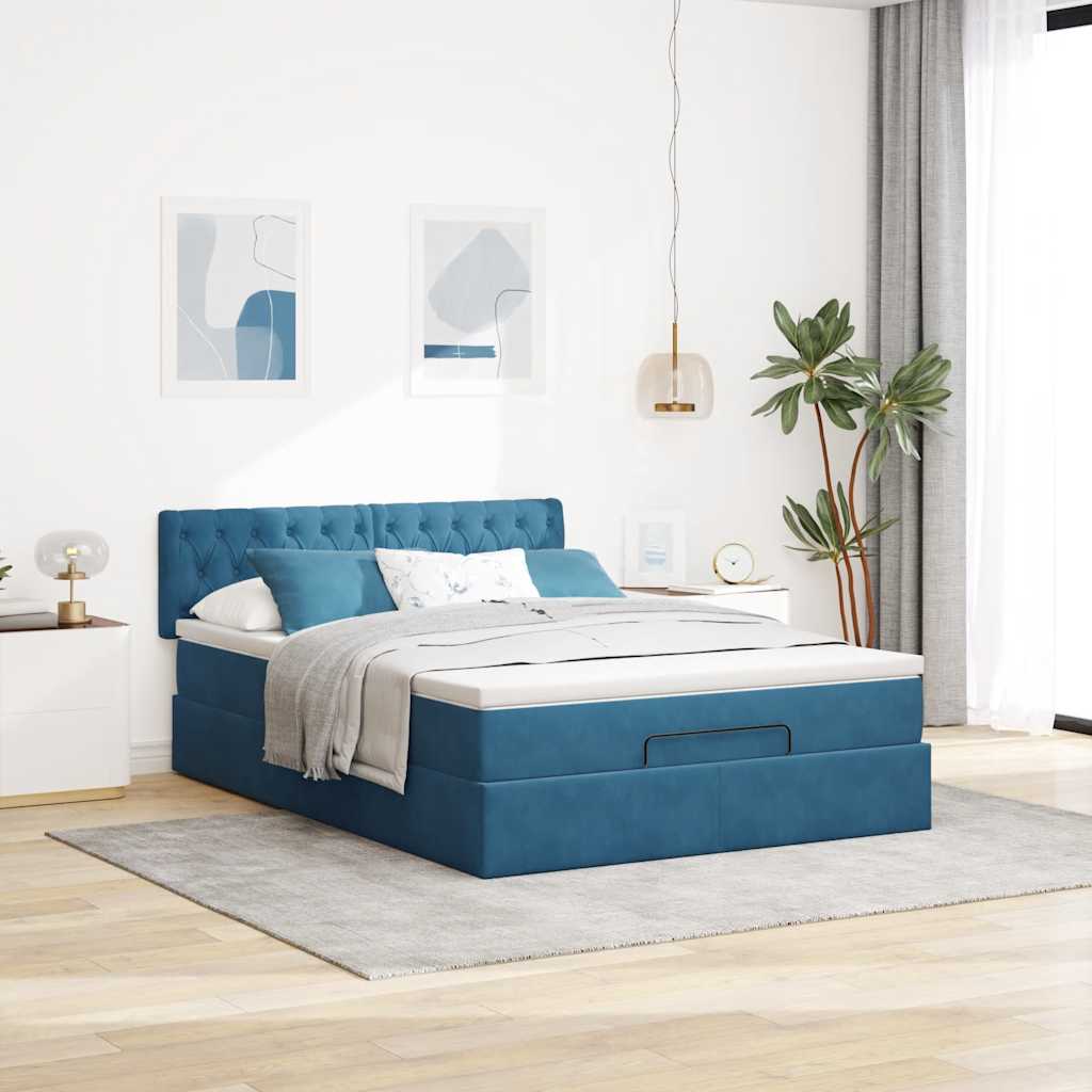 Cadre de lit ottoman avec matelas bleu foncé 140x200 cm velours - XIOS