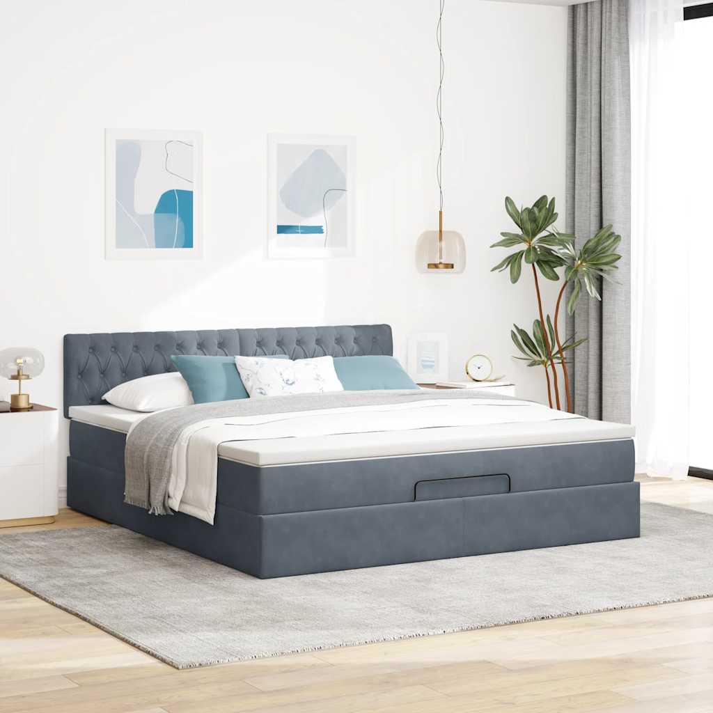 Cadre de lit ottoman avec matelas gris foncé 160x200 cm velours - XIOS