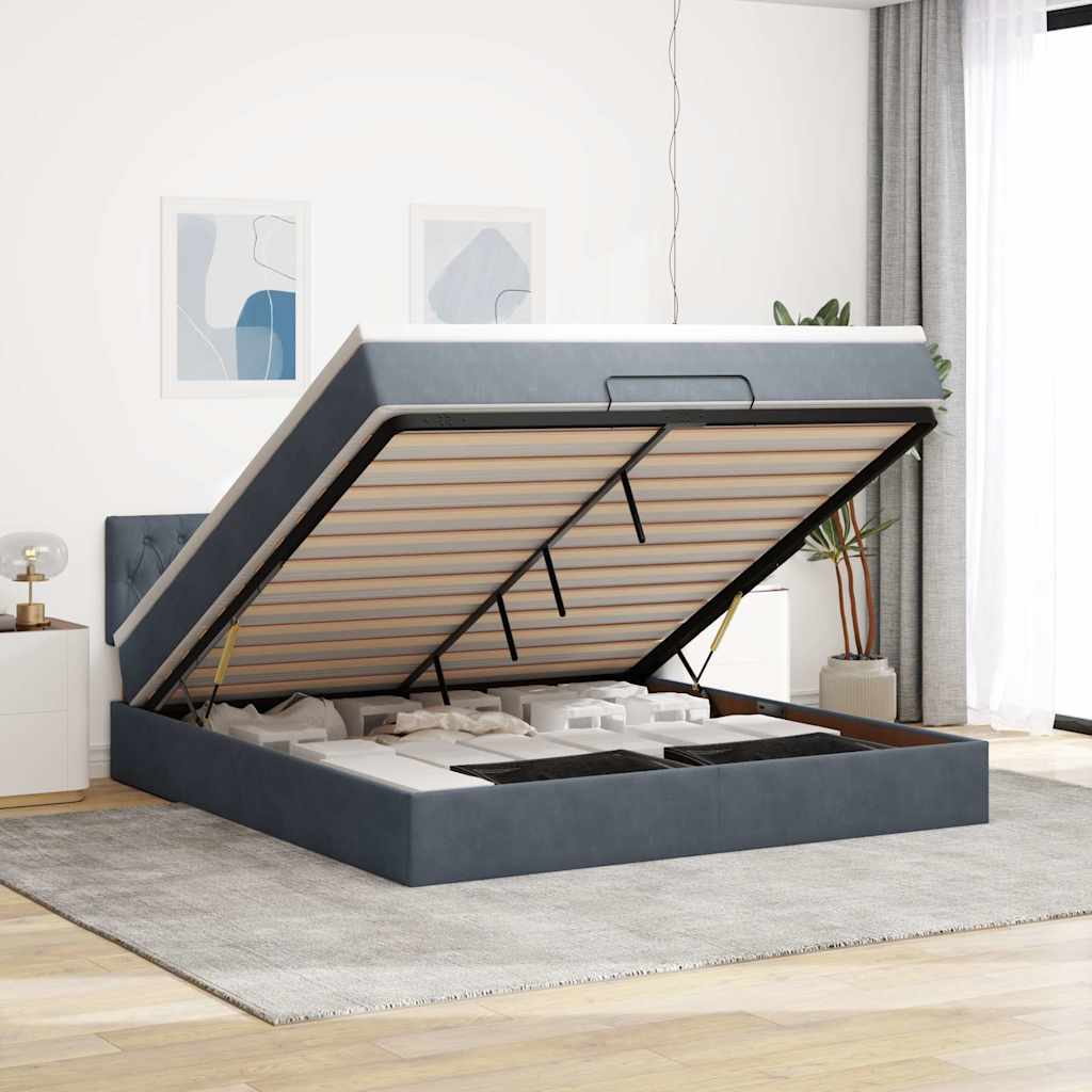 Cadre de lit ottoman avec matelas gris foncé 160x200 cm velours - XIOS