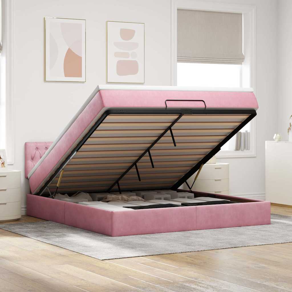 Cadre de lit ottoman avec matelas rose 160x200 cm velours - XIOS