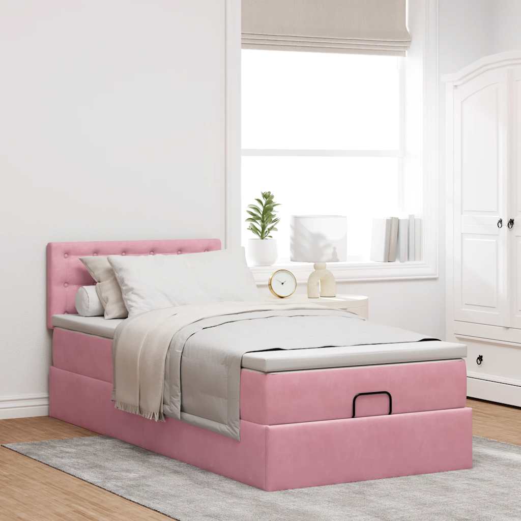 Cadre de lit ottoman avec matelas rose 90x190 cm velours
