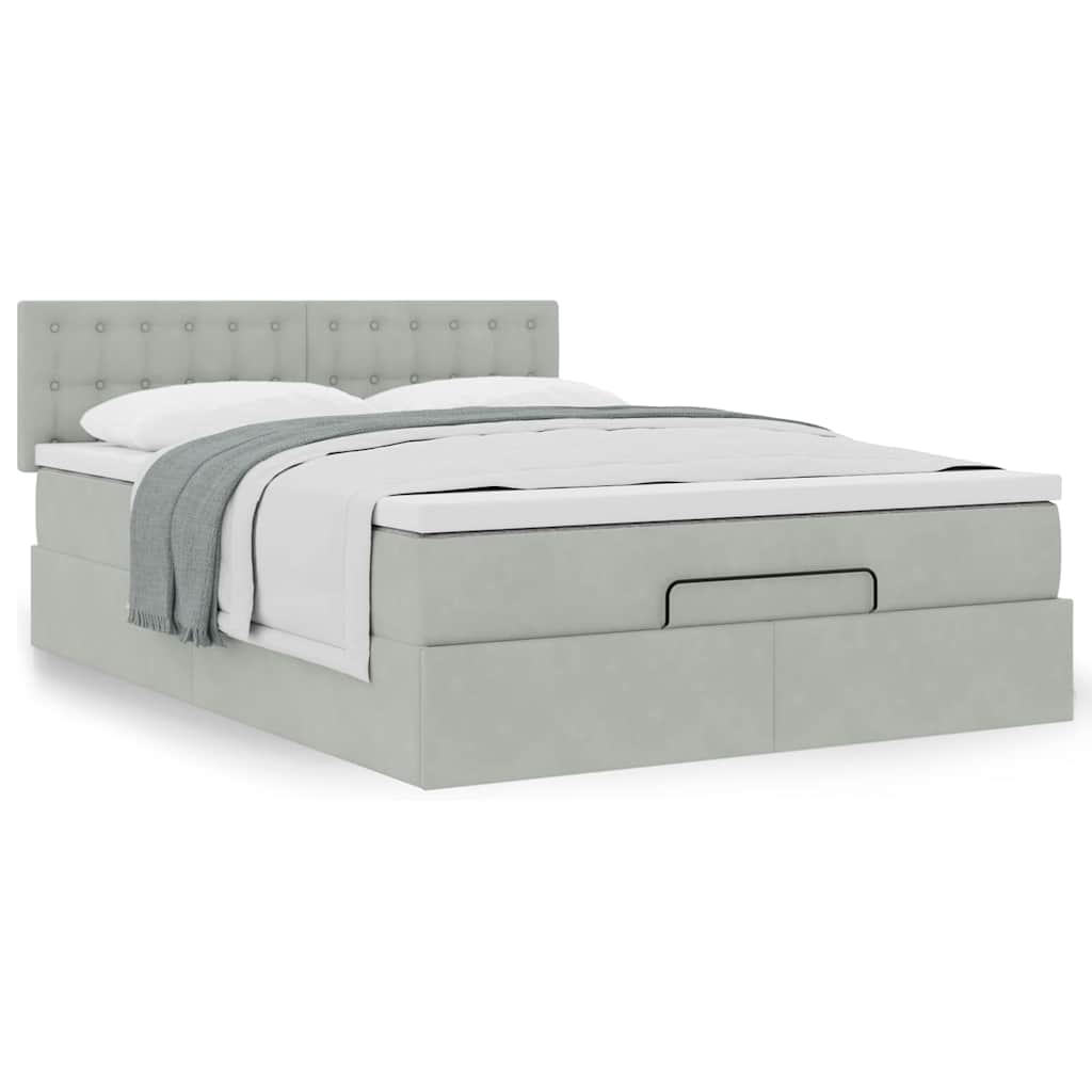 Cadre de lit ottoman et matelas gris clair 140x190 velours - XIOS