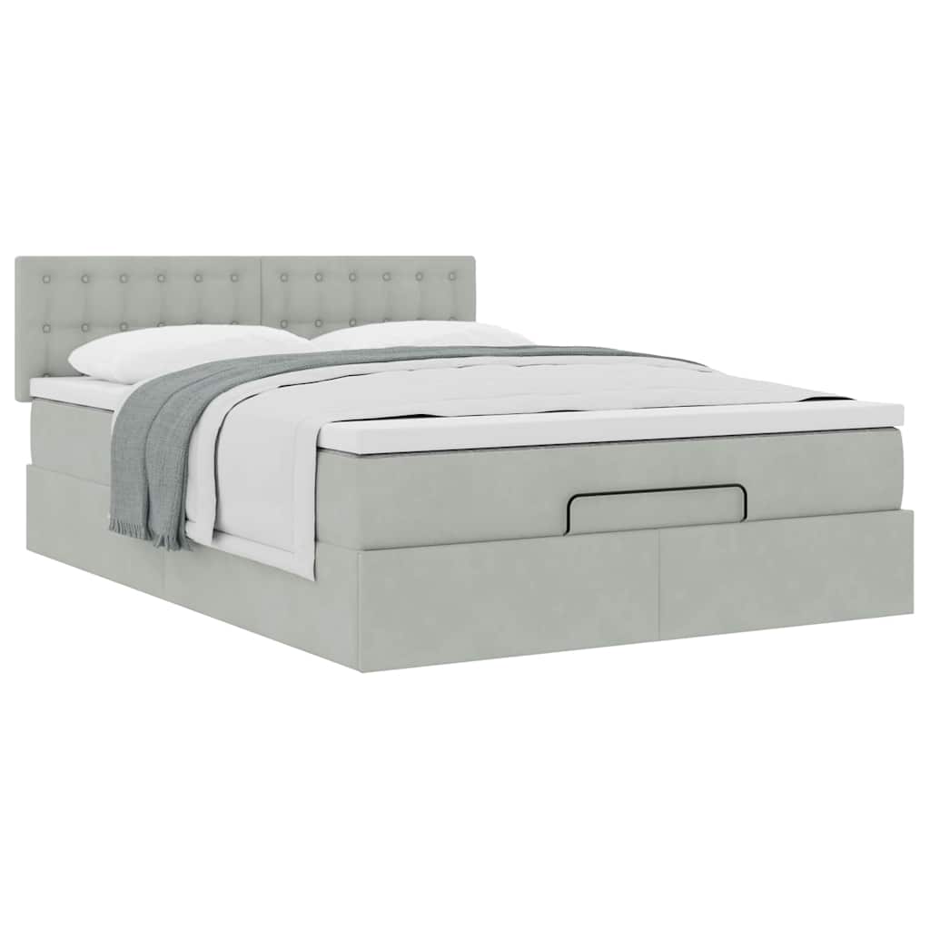 Cadre de lit ottoman et matelas gris clair 140x190 velours - XIOS
