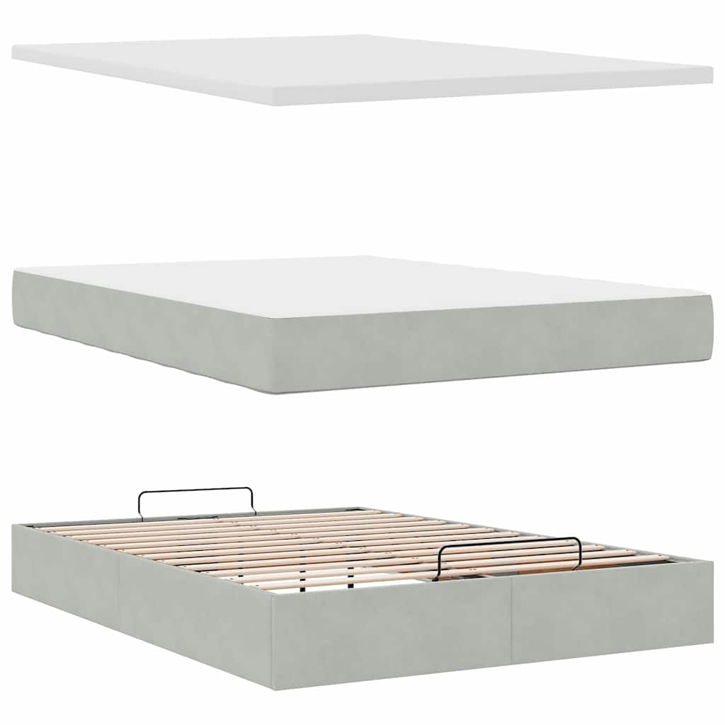 Cadre de lit ottoman et matelas gris clair 140x190 velours - XIOS