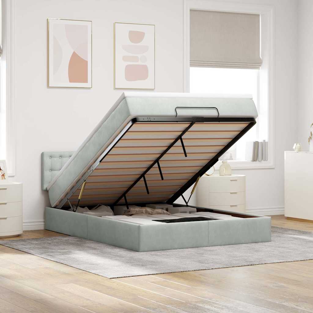 Cadre de lit ottoman et matelas gris clair 140x190 velours - XIOS