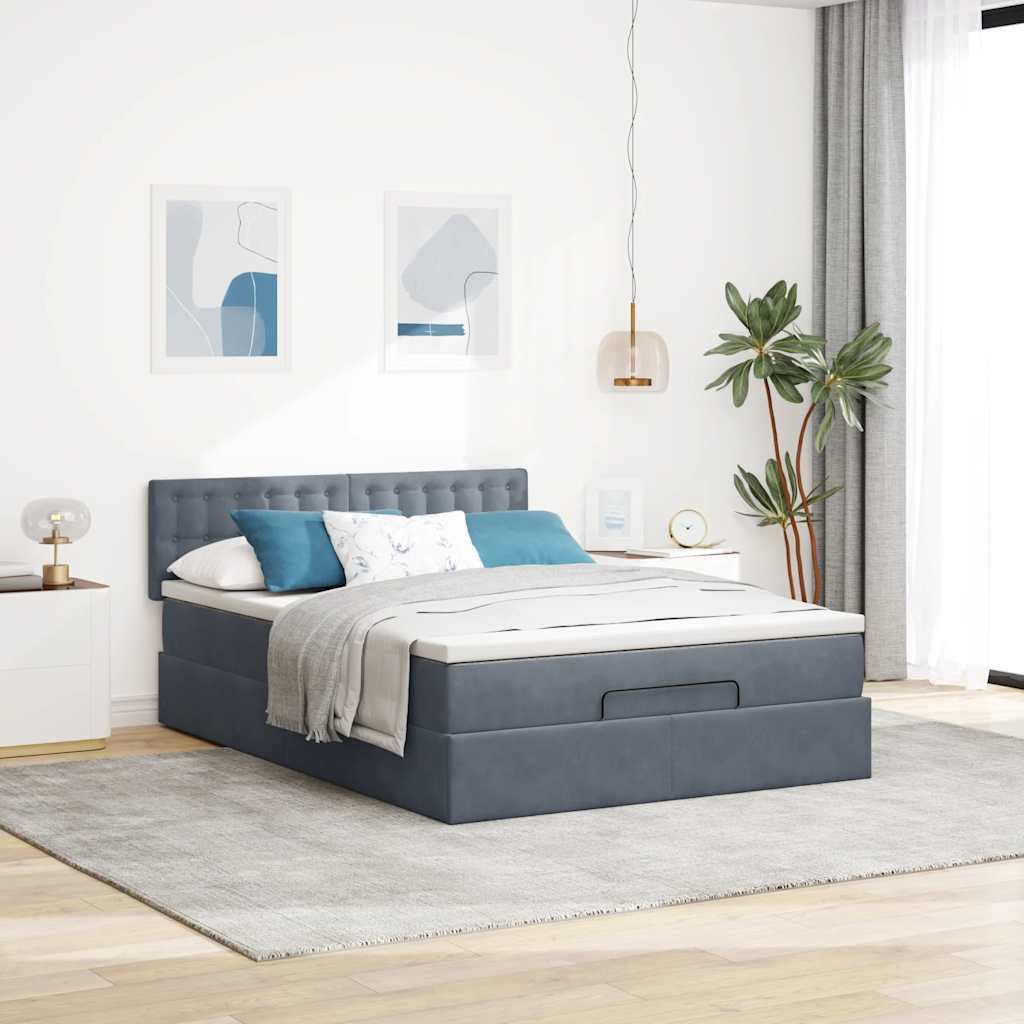 Cadre de lit ottoman avec matelas gris foncé 140x190 cm velours - XIOS