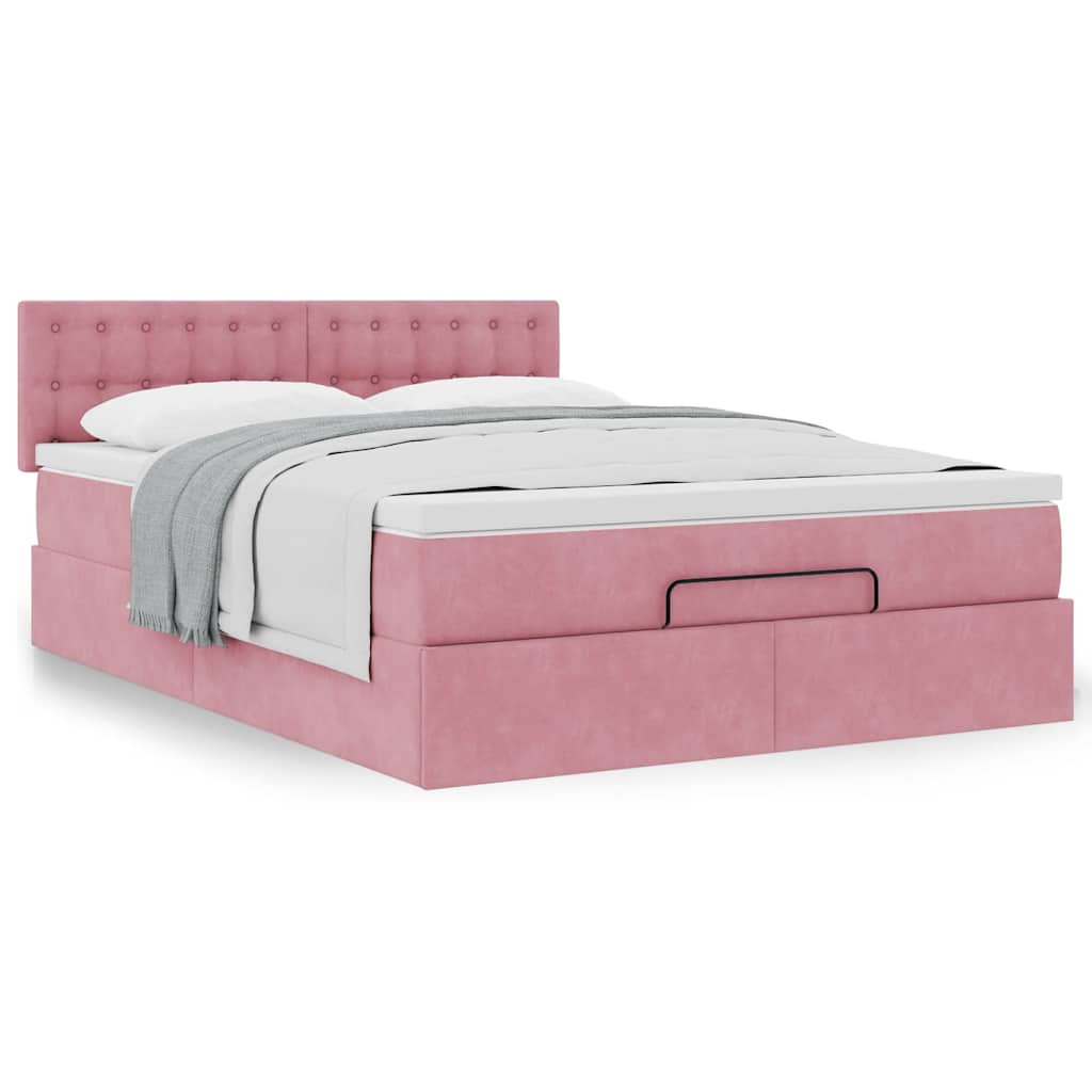Cadre de lit ottoman avec matelas rose 140x190 cm velours - XIOS