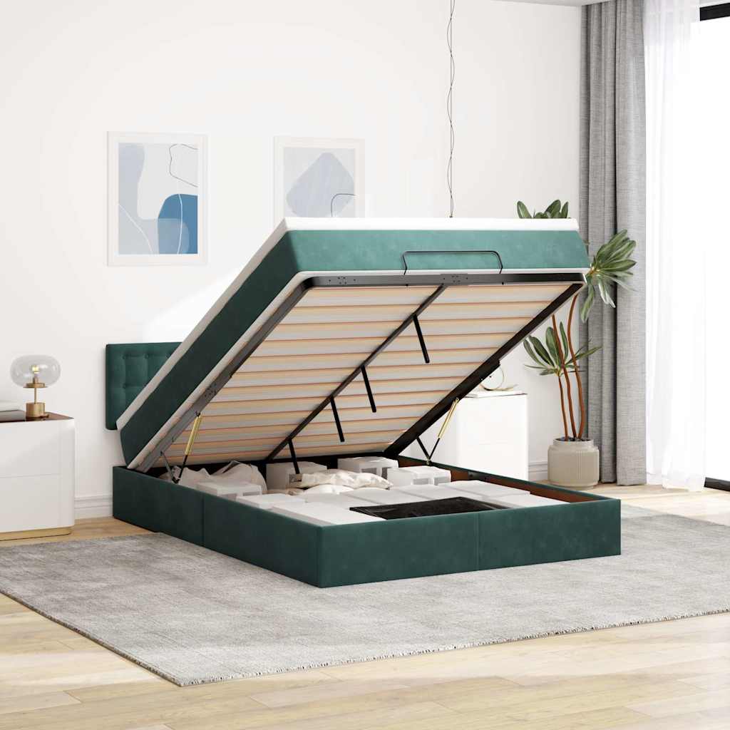 Cadre de lit ottoman avec matelas vert foncé 140x200 cm velours - XIOS