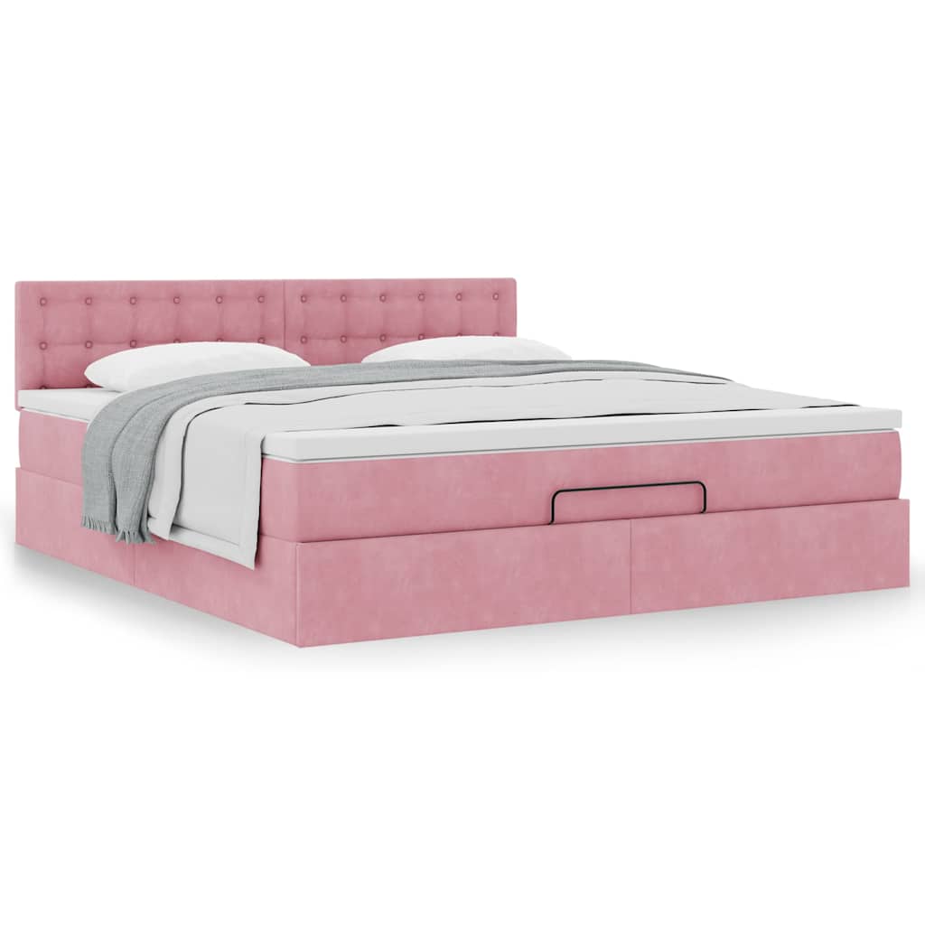 Cadre de lit ottoman avec matelas rose 160x200 cm velours - XIOS
