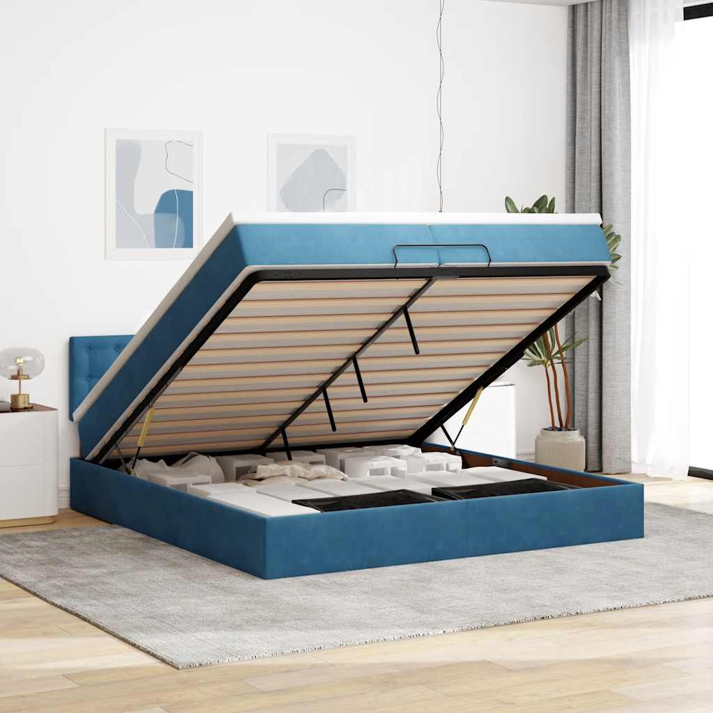 Cadre de lit ottoman avec matelas bleu foncé 200x200 cm velours - XIOS