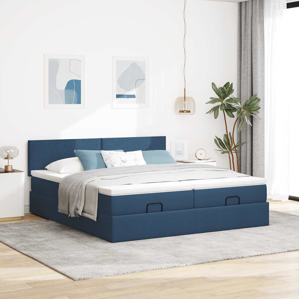 Cadre de lit ottoman avec matelas bleu 160x200 cm tissu - XIOS