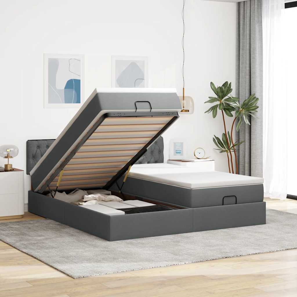Cadre de lit ottoman avec matelas gris foncé 160x200cm tissu - XIOS