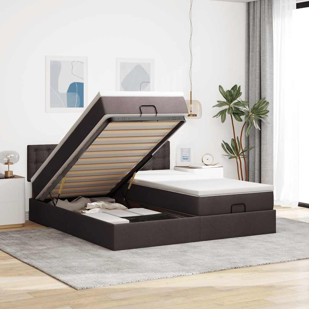Cadre de lit ottoman avec matelas marron foncé 180x200 cm tissu - XIOS