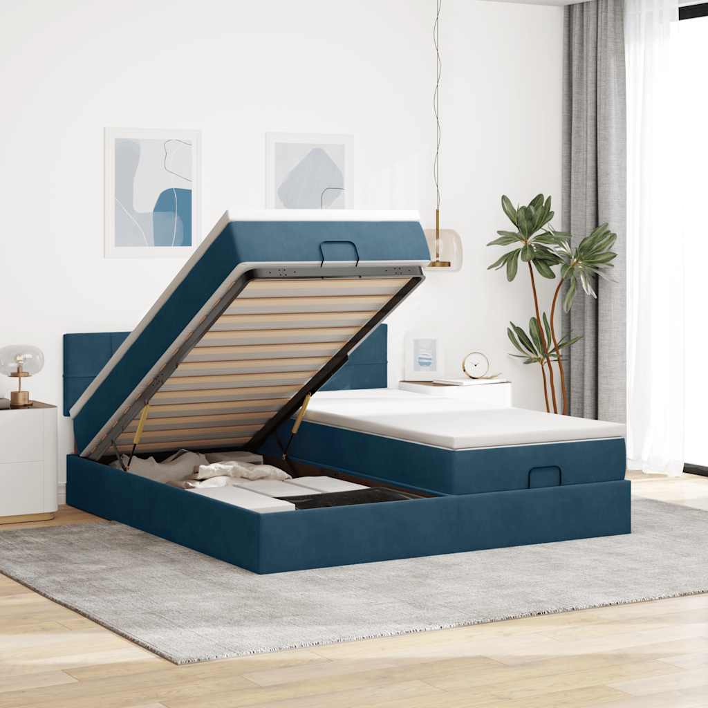 Cadre de lit ottoman avec matelas bleu foncé 160x200 cm velours - XIOS