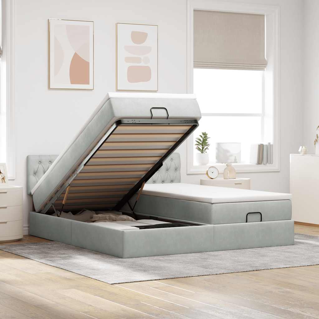 Cadre de lit ottoman et matelas gris clair 160x200cm velours - XIOS