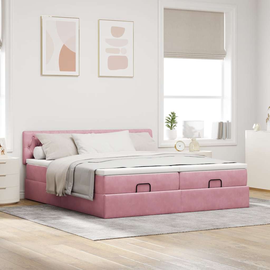 Cadre de lit ottoman avec matelas rose 160x200 cm velours - XIOS