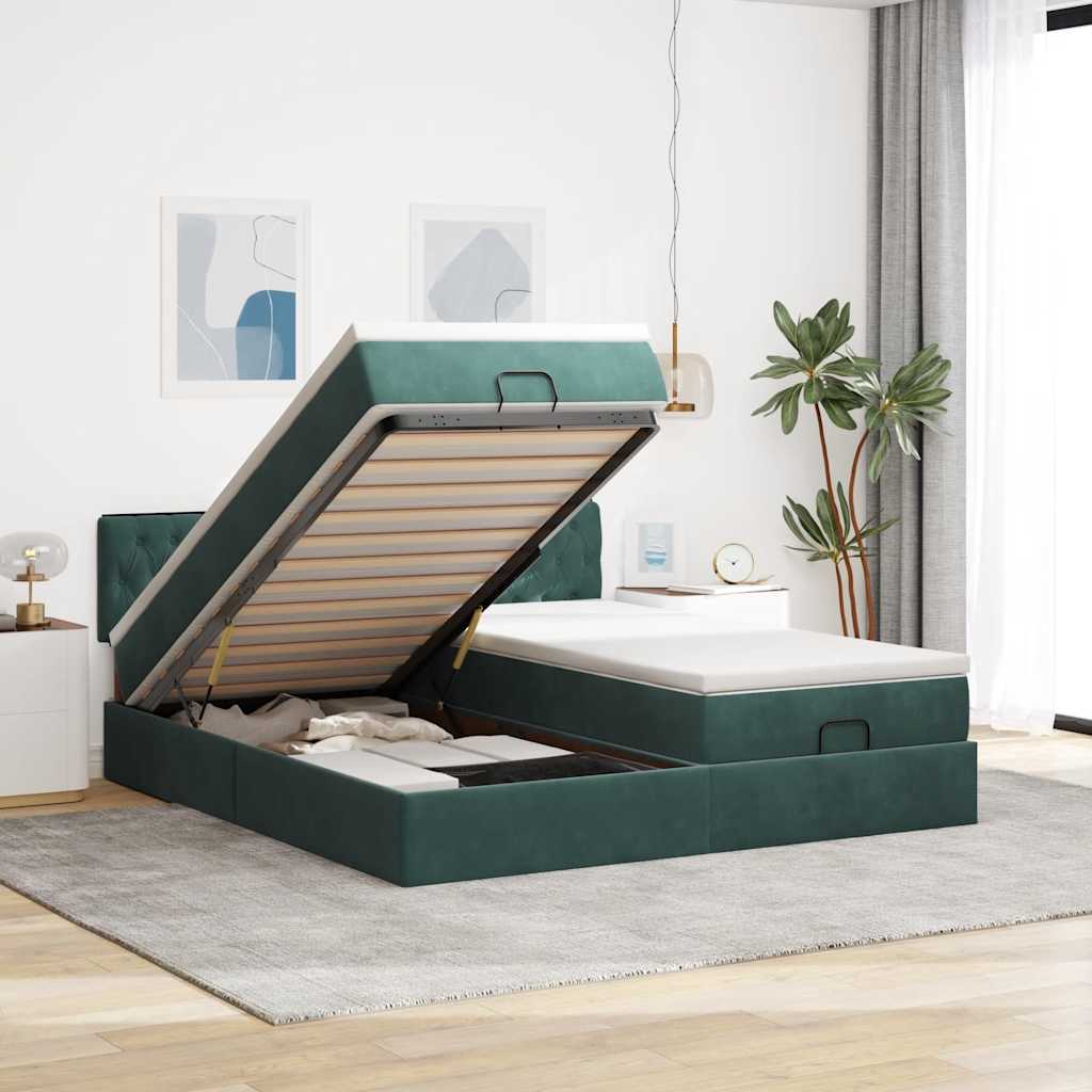Cadre de lit ottoman avec matelas vert foncé 180x200cm velours - XIOS