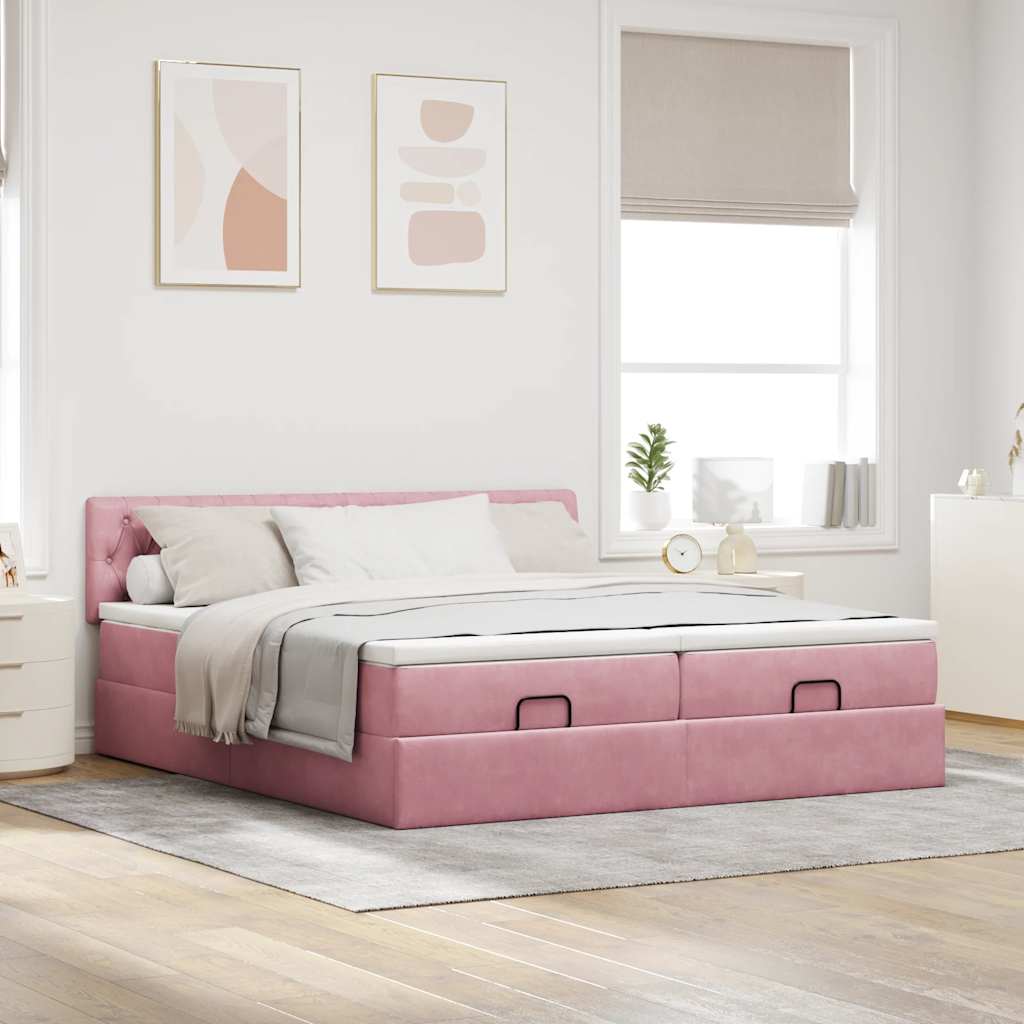 Cadre de lit ottoman avec matelas rose 200x200 cm velours - XIOS