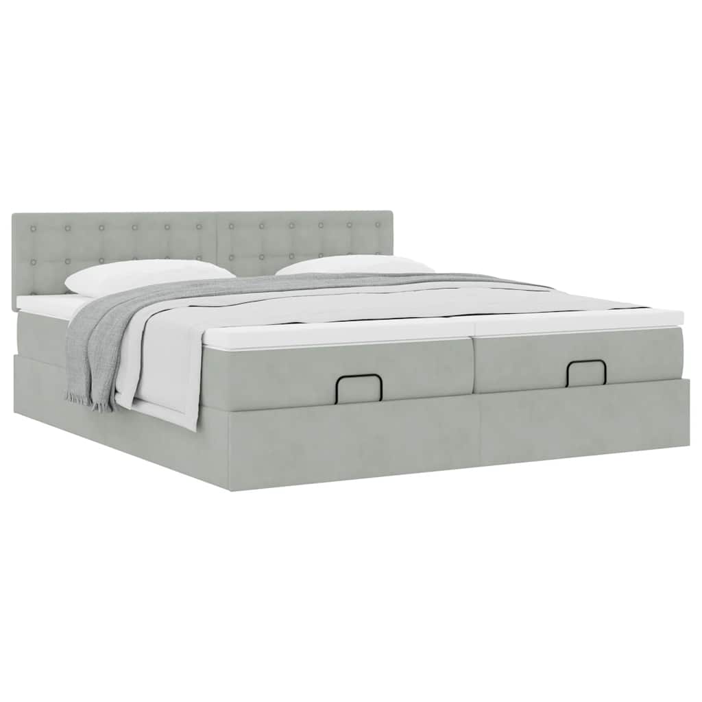 Cadre de lit ottoman et matelas gris clair 160x200cm velours - XIOS