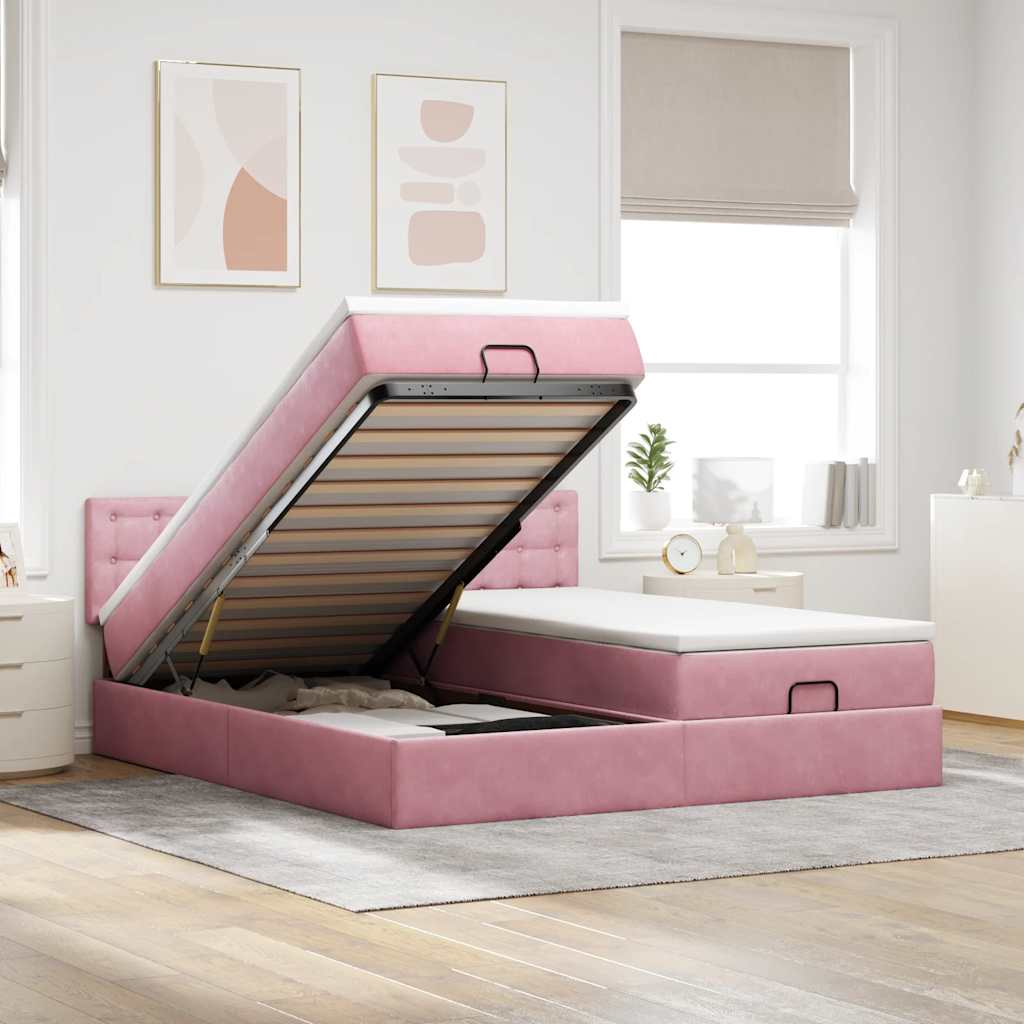 Cadre de lit ottoman avec matelas rose 200x200 cm velours - XIOS