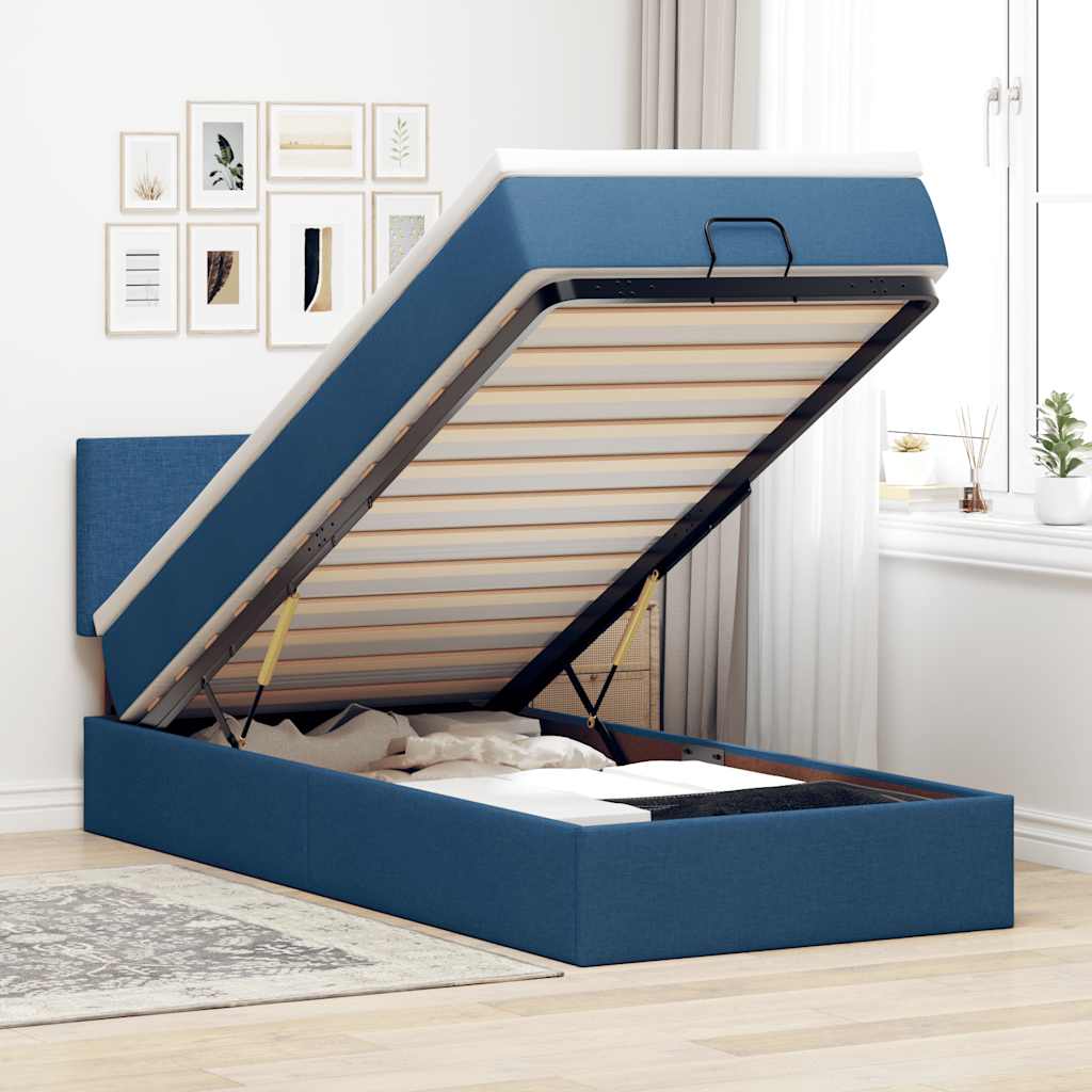 Cadre de lit ottoman avec matelas bleu 80x200 cm tissu - XIOS