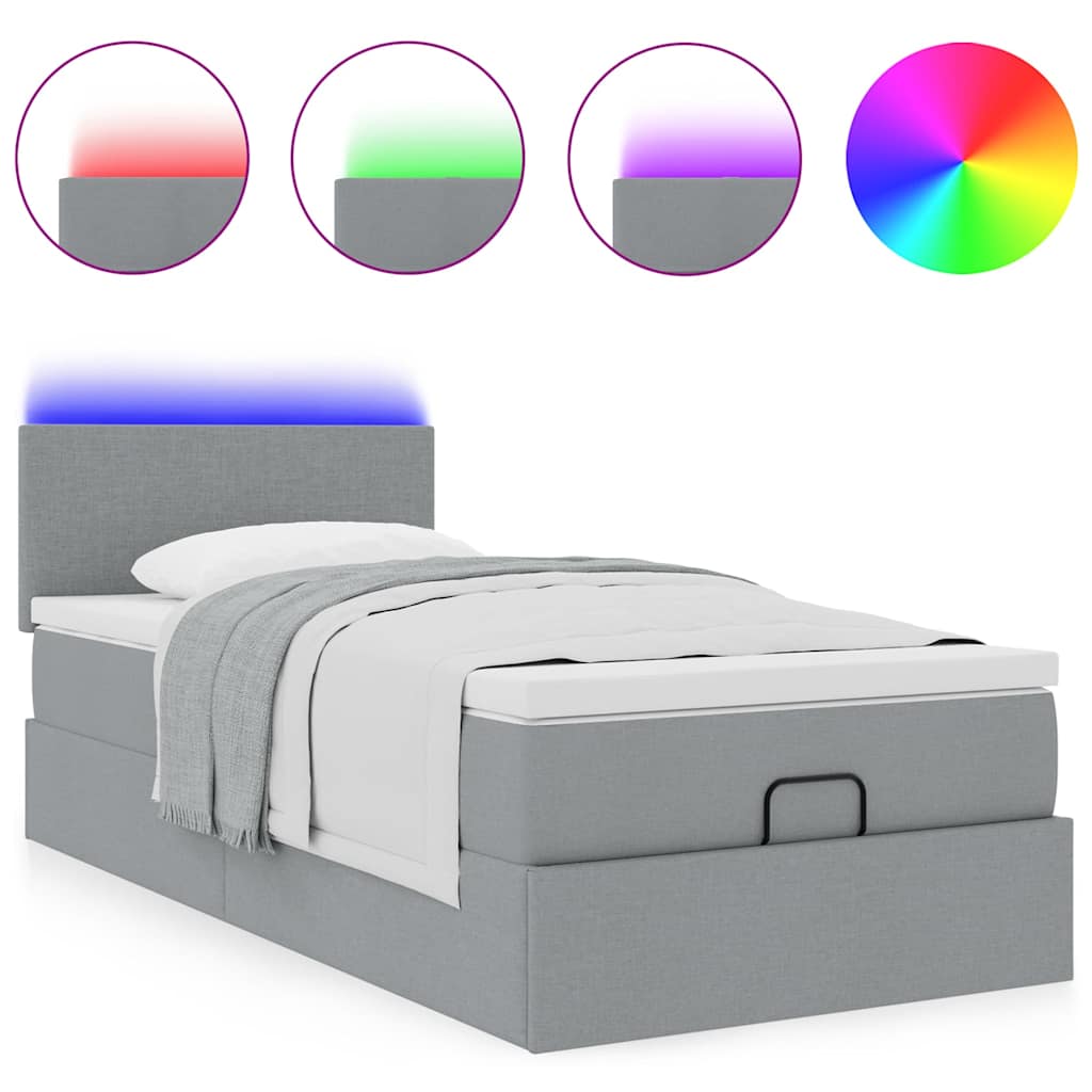Lit ottoman avec matelas et LED gris clair 90x200 cm tissu - XIOS