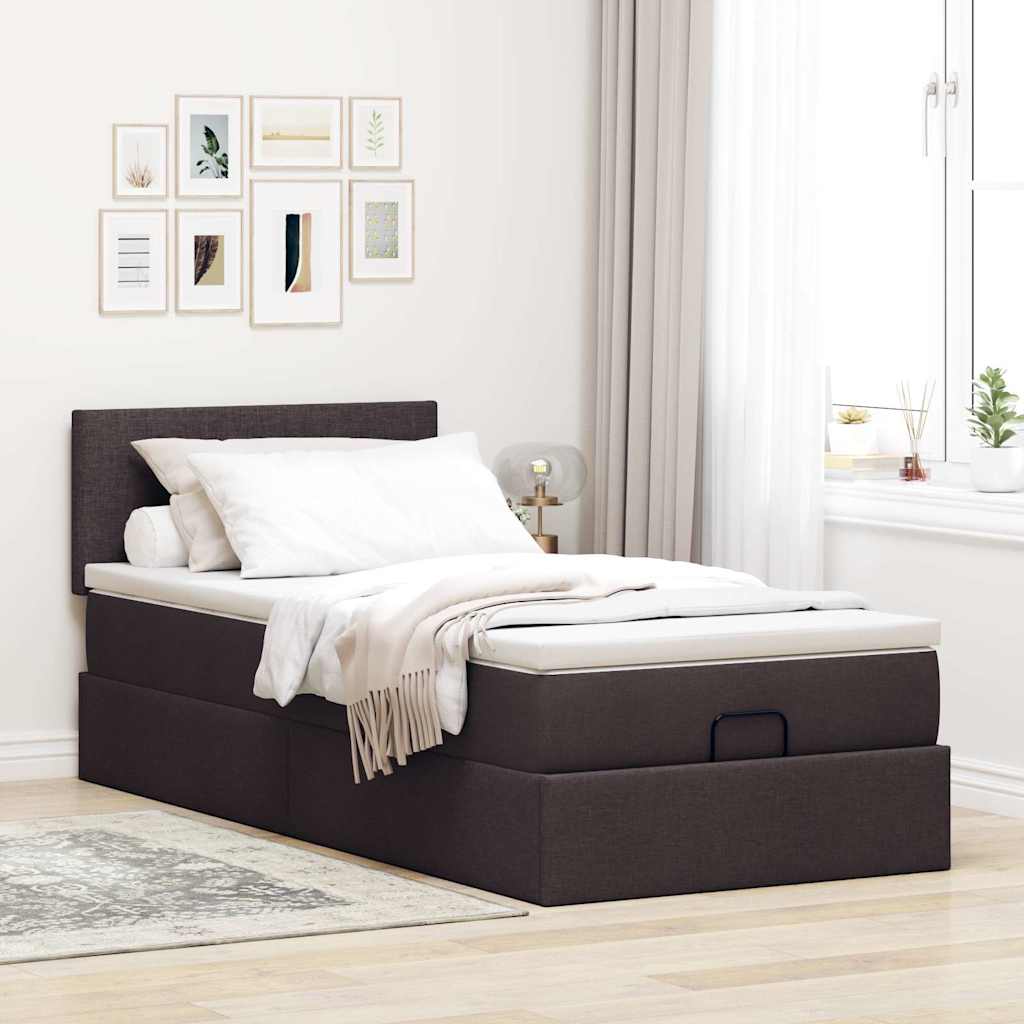 Lit ottoman avec matelas et LED marron foncé 90x200 cm tissu - XIOS