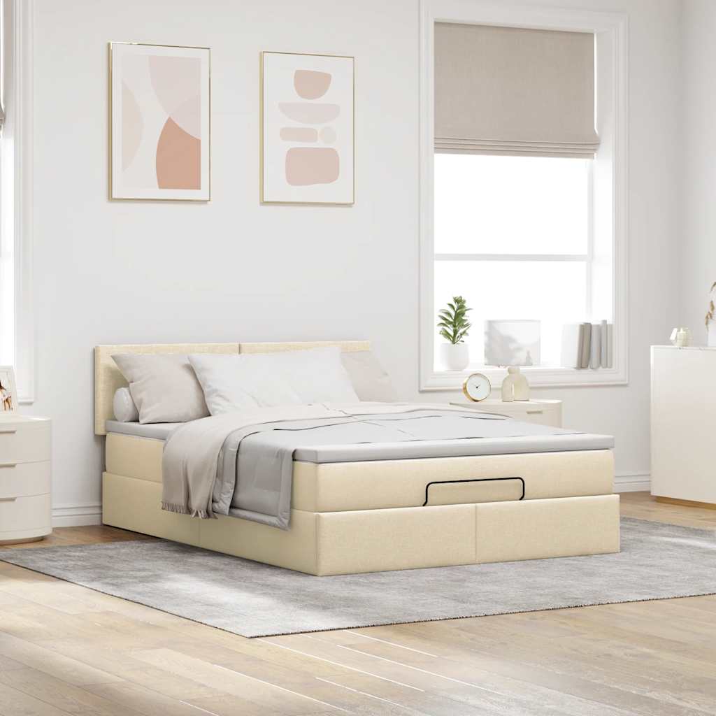 Lit ottoman avec matelas et LED crème 140x190 cm tissu - XIOS