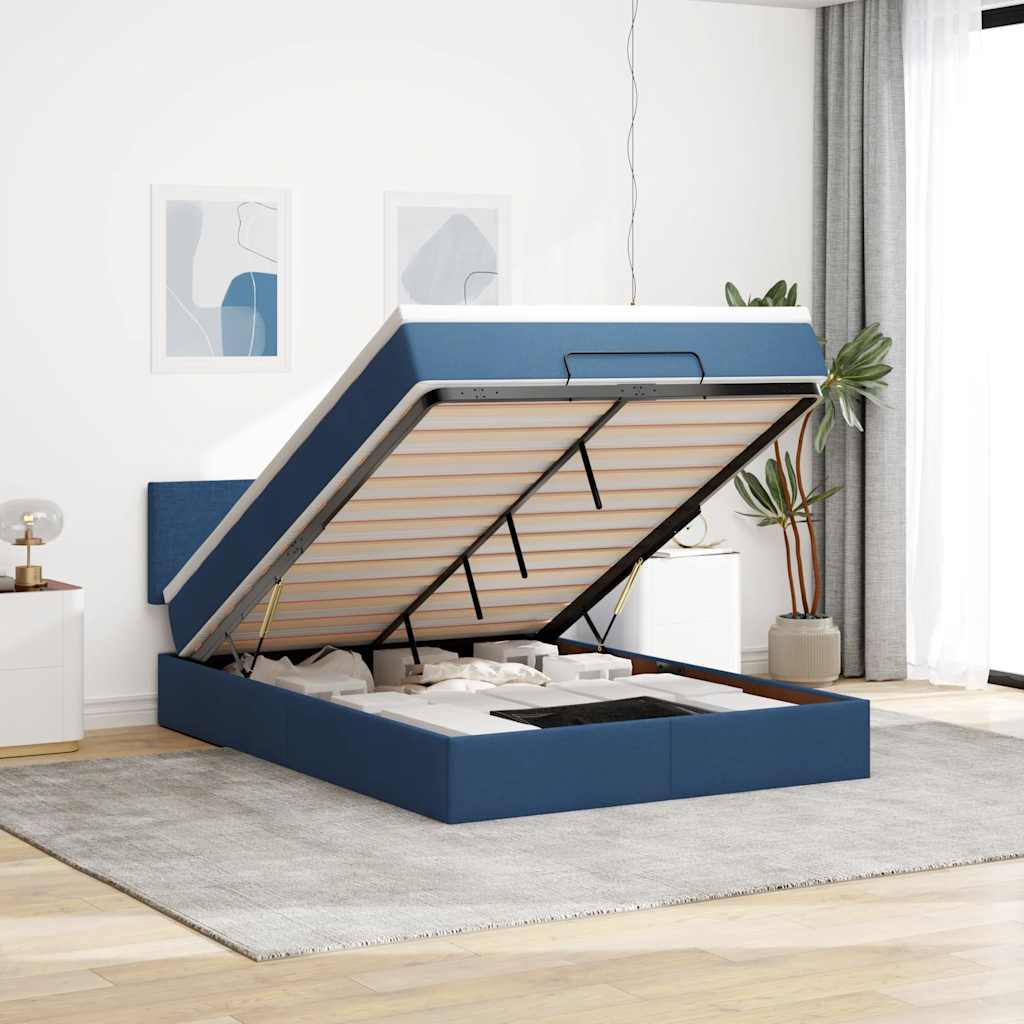 Lit ottoman avec matelas et LED bleu 140x190 cm tissu - XIOS