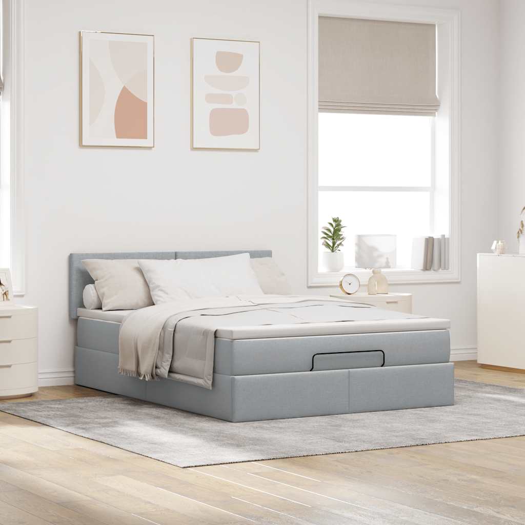 Cadre de lit ottoman et matelas gris clair 140x200 cm tissu - XIOS